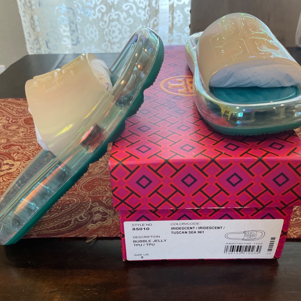 Tory Burch Women's Bubble Jelly iridescent / Tuscan sea slides , size 5, BNIB, - Picture 2 of 3